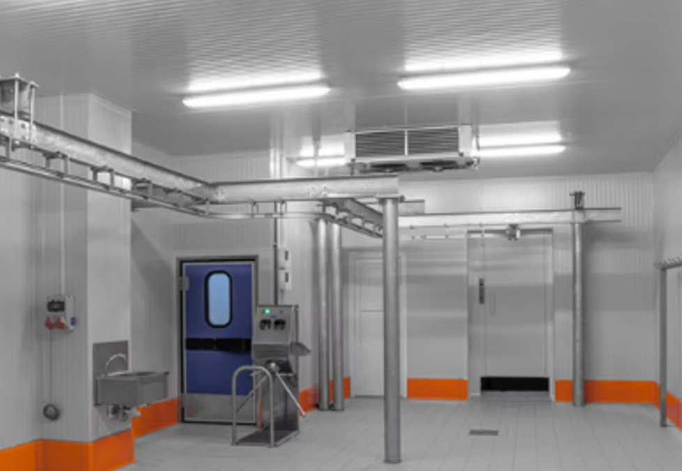 Prefab insulated cold storage interior with insulated doors, evaporators and PUF ceiling — Wedge Industries