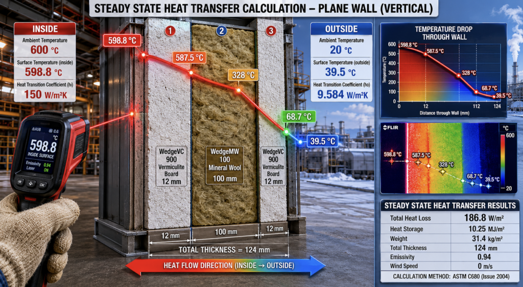 How Wedge engineered a heat shield partition wall to drop 600 °C to a touch-safe 39.5 °C cold face — ASTM C680 calculation, BOQ and pricing for 100 m². Get a free quote in 48 hours.