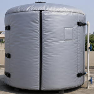 Insulated water tank cover fitted to a rooftop storage tank with buckle straps