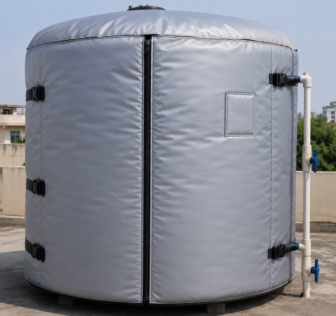 Insulated water tank cover fitted to a rooftop storage tank with buckle straps