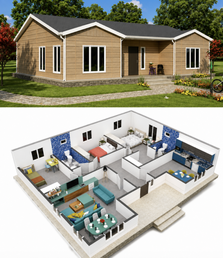 Prefab house interior finishes — bathroom and bedroom of a Wedge Homes steel structure prefab home