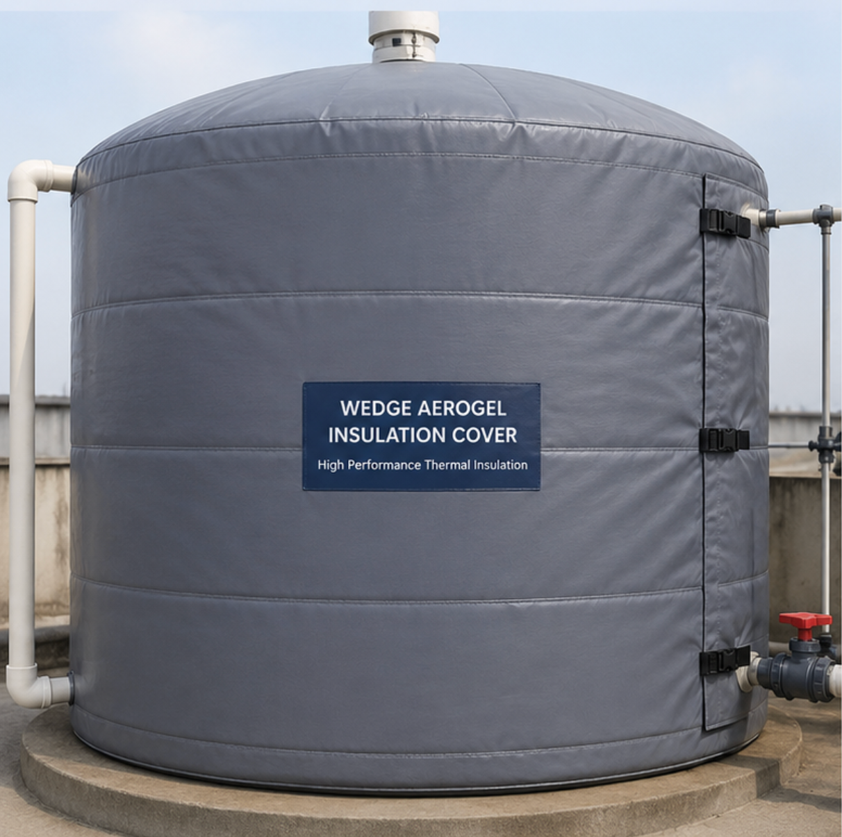 Wedge Aerogel water tank insulation cover fitted to a rooftop storage tank