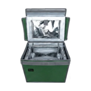 Insulated delivery box open showing reflective thermal liner and coolant packs