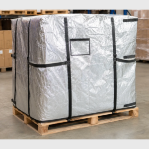 Multi-layer reflective thermal pallet cover protecting a built pallet from tarmac and warehouse heat