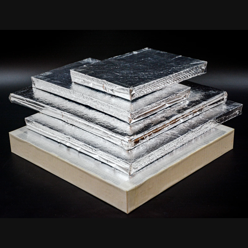 Wedge HVI vacuum insulation panels, foil-encapsulated fumed silica core, thermal conductivity below 0.004 W/mK