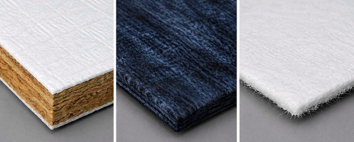 How to Calculate Insulation Thickness Cross-section of insulation materials — faced mineral wool slab, blue acoustic panel and white aerogel blanket supplied by Wedge Industries Limited