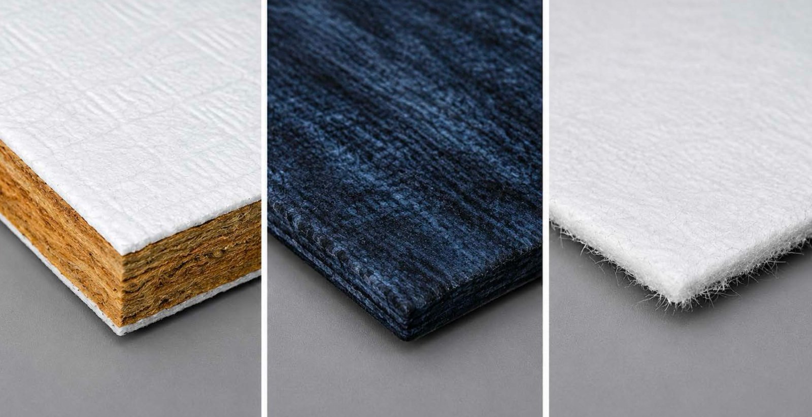 Three aerogel insulation grades: aerogel composite panel, carbon-fibre aerogel felt and white glass-fibre aerogel blanket