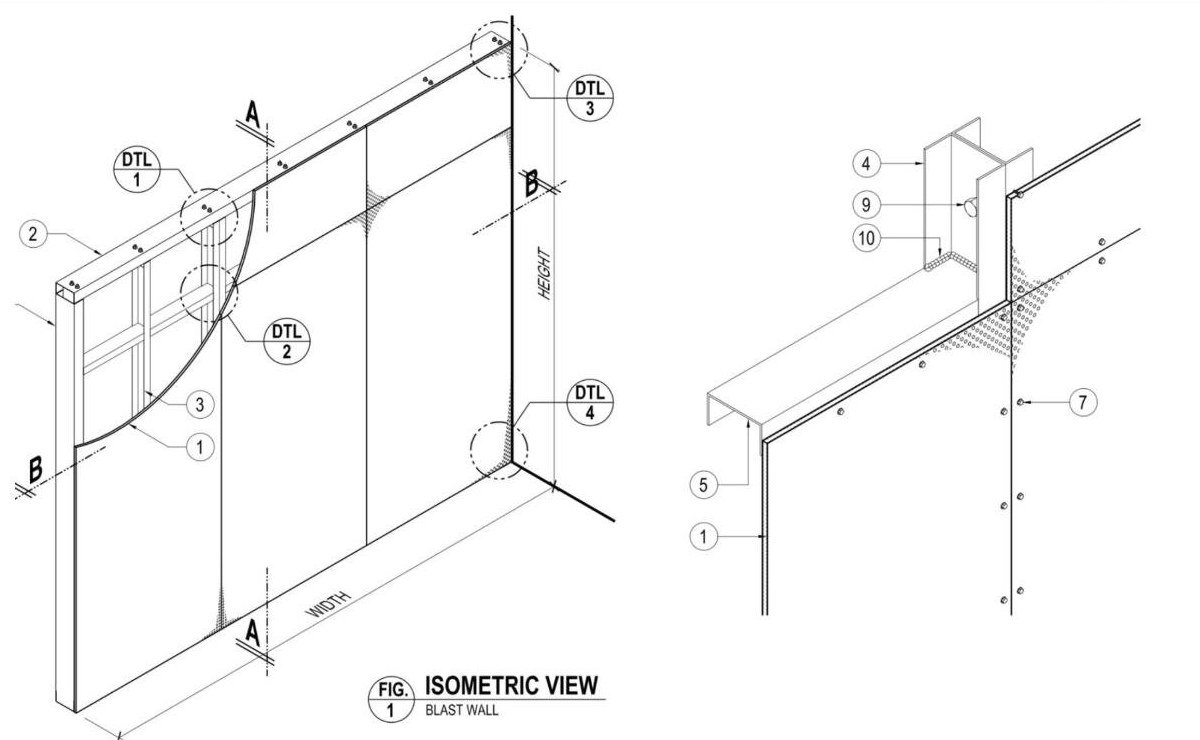 Isometric drawing of a Wedge blast wall: 9.5 mm steel composite boards on steel vertical members, top cross beam and horizontal members at 1500 mm centres