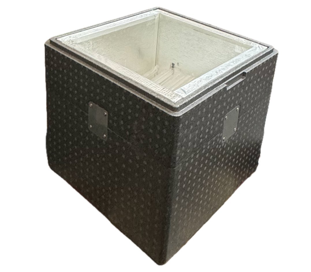 Black EPP insulated box with vacuum insulation panel insert, lid removed, for pharma cold chain