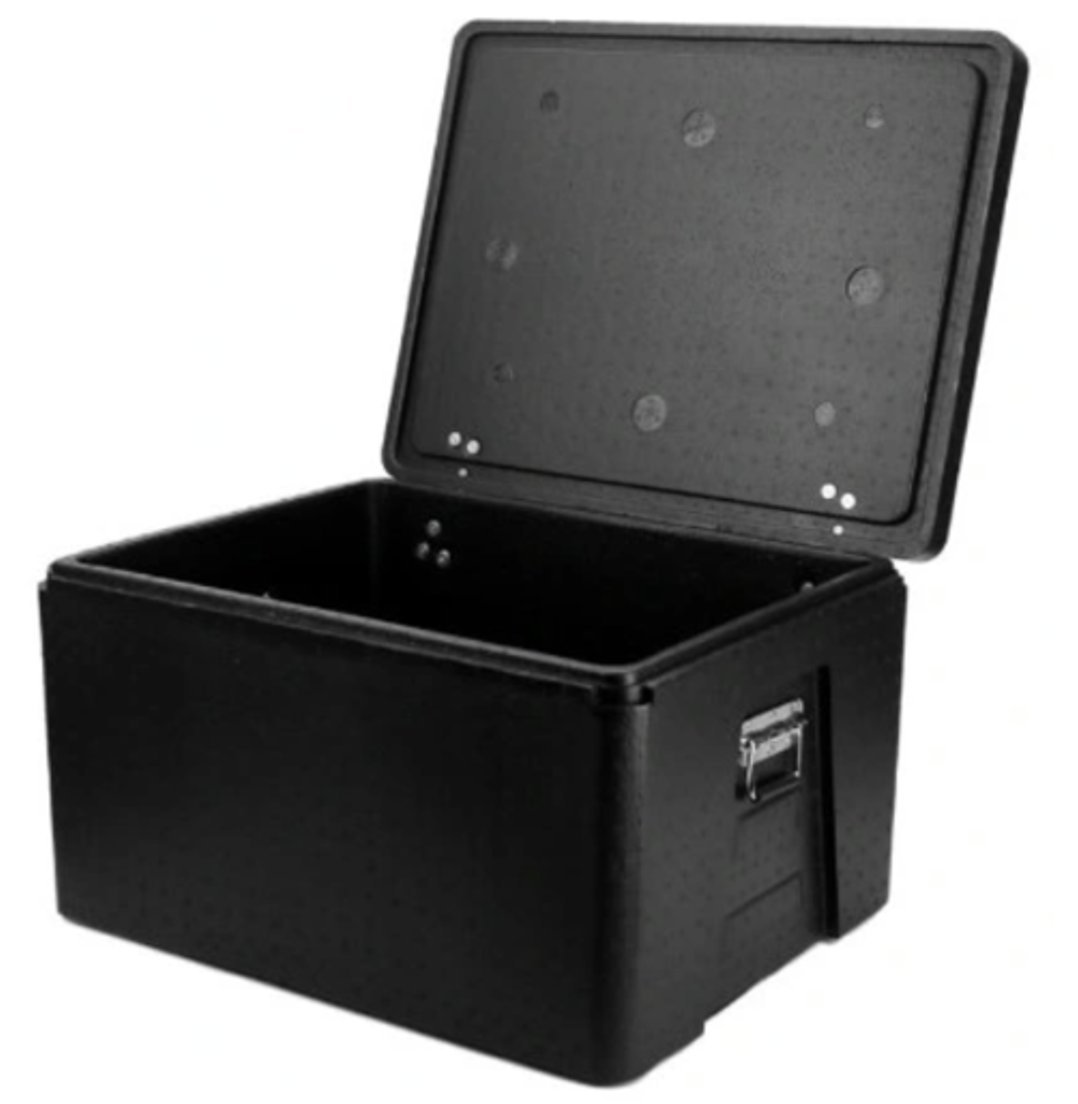 Black EPP insulated box with hinged lid and steel latch for hot and cold food transport