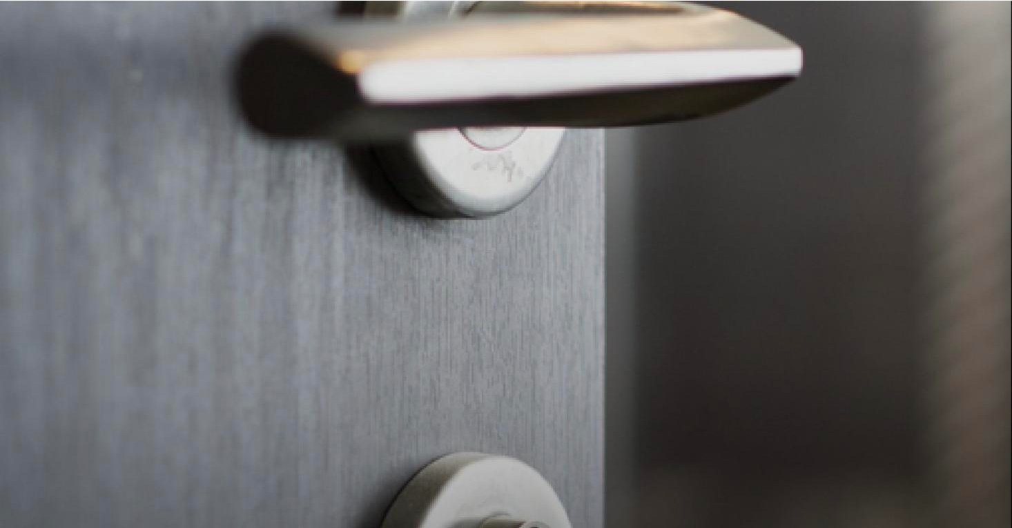 Fire door components — fire-rated door leaf with certified lever handle and lock, built from Wedge core boards and intumescent seals