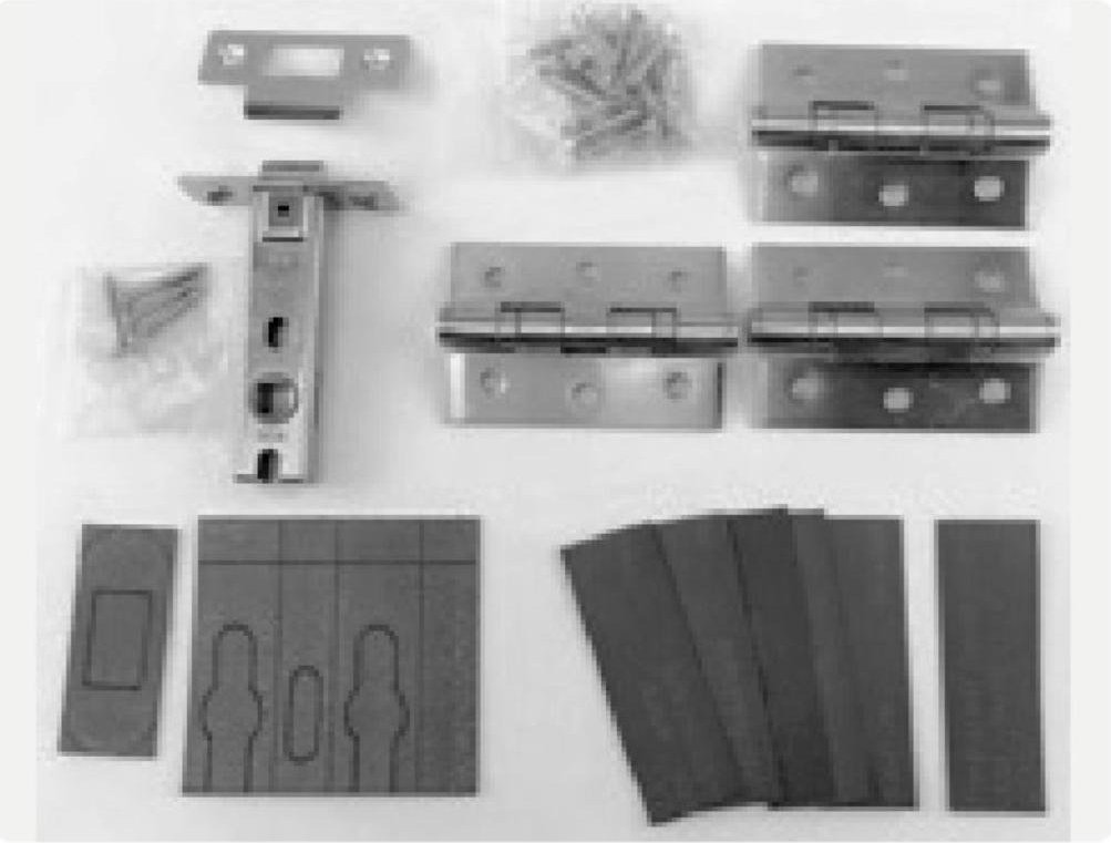 Fire door hardware protection kit with intumescent hinge pads, lock pads, fire-rated hinges, latch and screws