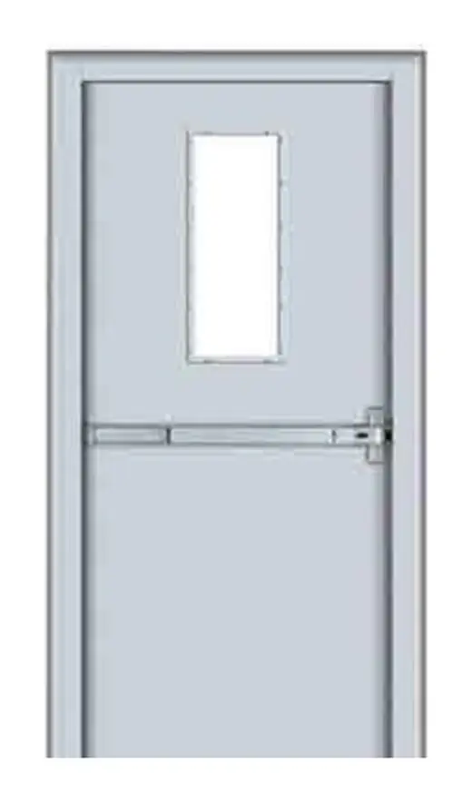 Steel fire exit door with fire-rated glass vision panel and panic bar
