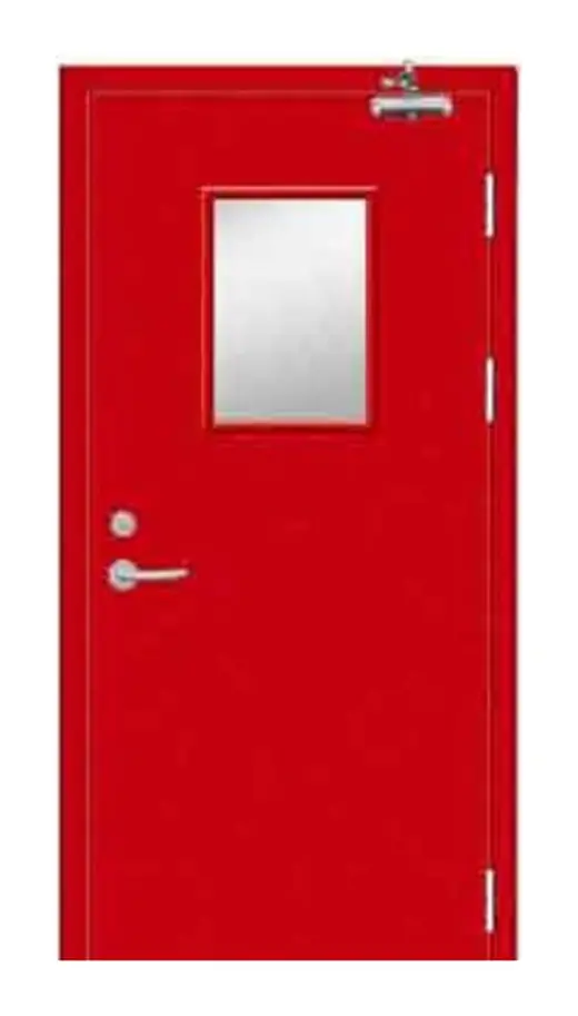 Glazed fire door with fire-rated glass vision panel and overhead closer