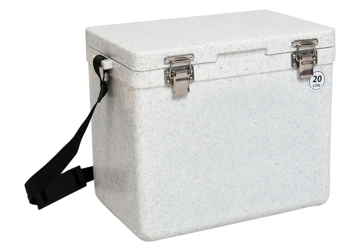 20 litre insulated cooler box with steel latches and shoulder strap for vaccine and medicine transport