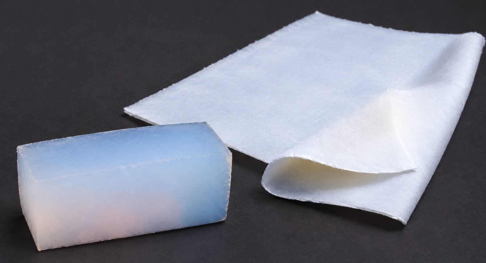 Translucent blue silica aerogel monolith block next to a flexible white aerogel blanket sheet — what is aerogel