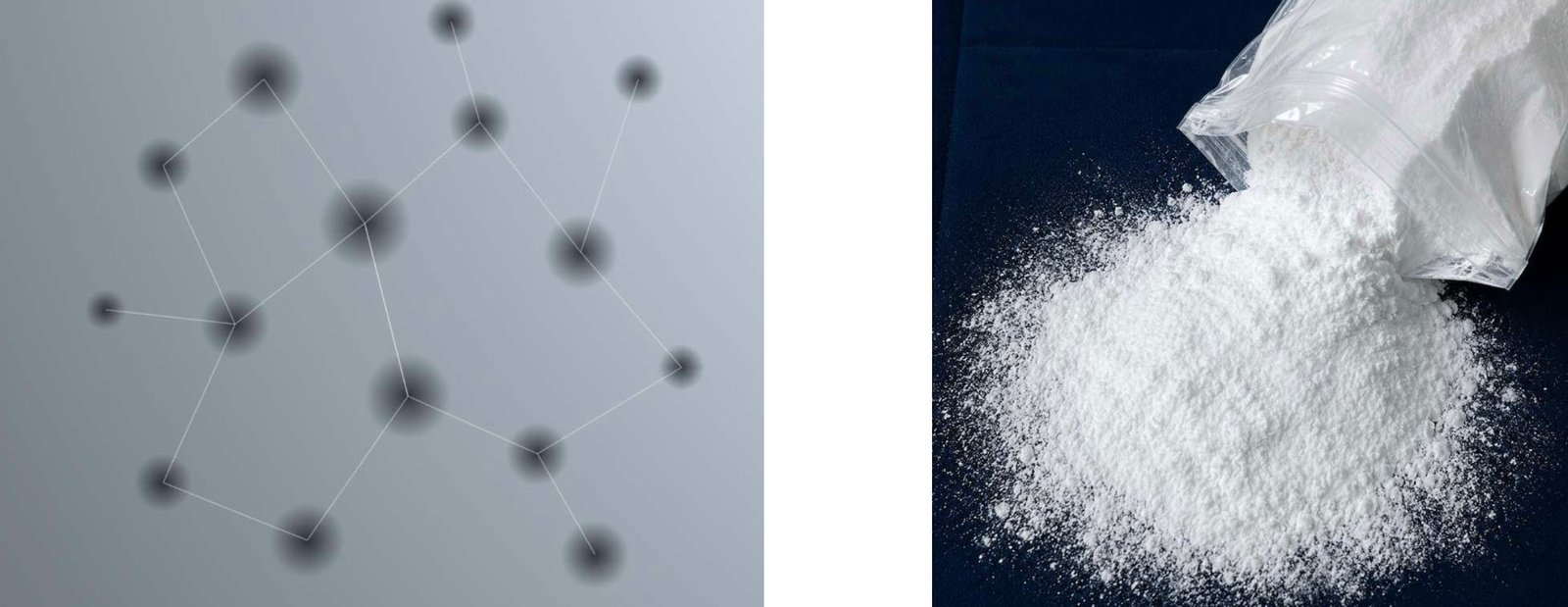 Illustration of the nanoporous silica aerogel network next to a bag of white hydrophobic aerogel powder