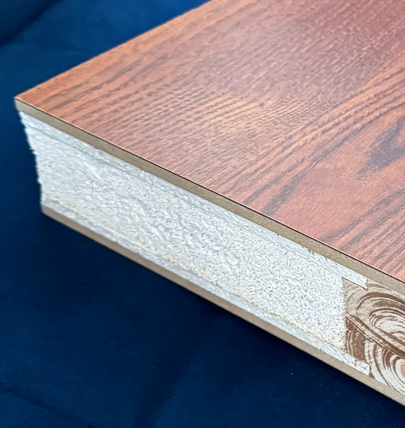 Sound proof door leaf cross-section — wood-grain laminate skin over dense acoustic core