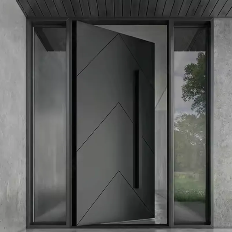 Black pivot entrance door with acoustic core and glazed side panels