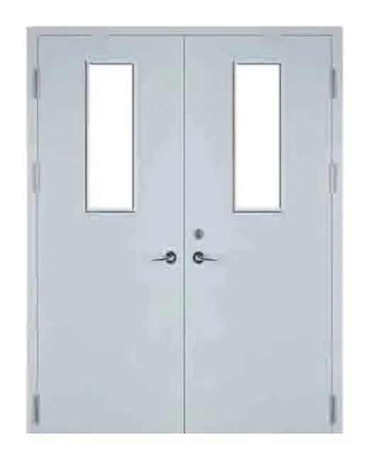 Double-leaf steel fire door with two fire-rated glass vision panels