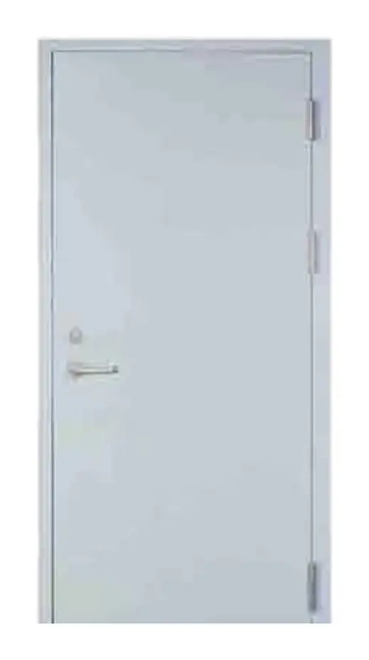 Single-leaf grey steel fire door with fire-rated hinges and lever handle