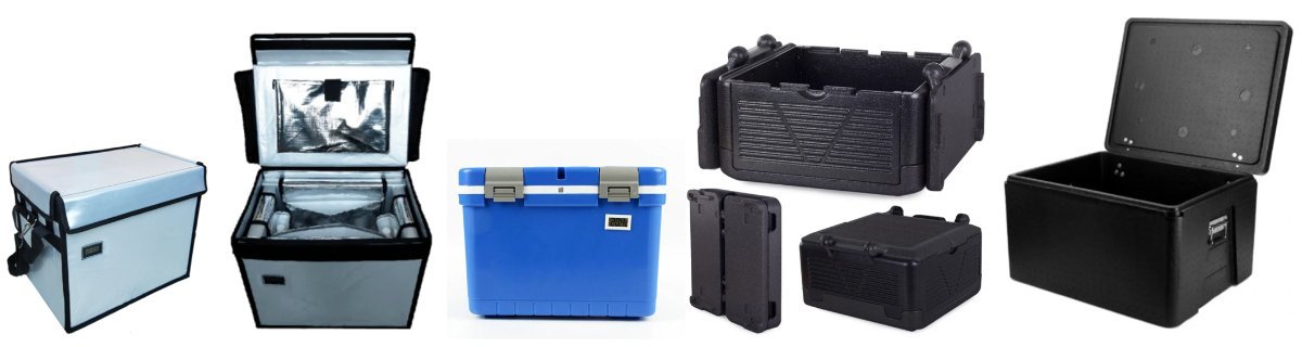 Range of insulated boxes: VIP vaccine carrier bags, medical cooler box with digital thermometer, foldable EPP boxes and EPP food box