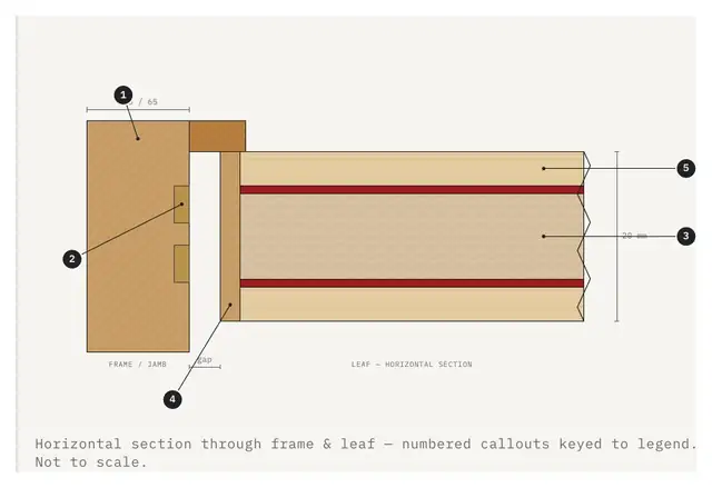 Horizontal section through a timber fire door: hardwood frame with grooves for intumescent strips and a laminated leaf with mineral wool core