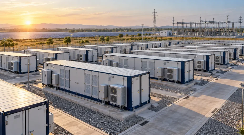 Utility-scale battery energy storage system (BESS) containers next to a solar farm and substation in India