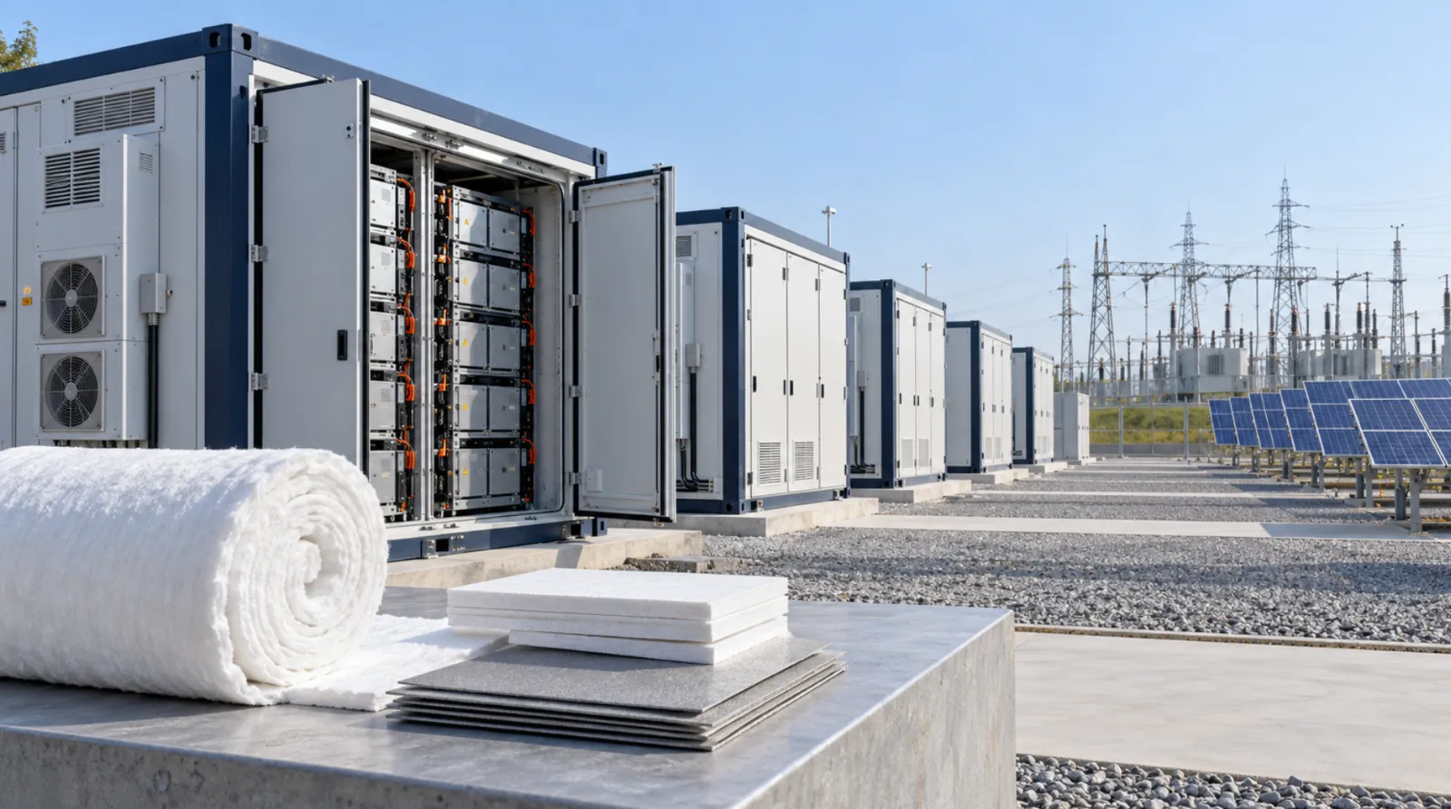 BESS insulation and fire protection materials — fibre blanket, insulation boards and mica sheets — in front of open battery storage containers