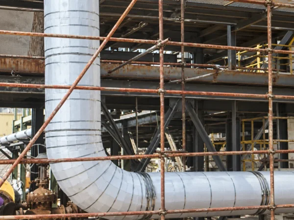 Insulated process pipeline with metal cladding and steel bands running through a plant pipe rack