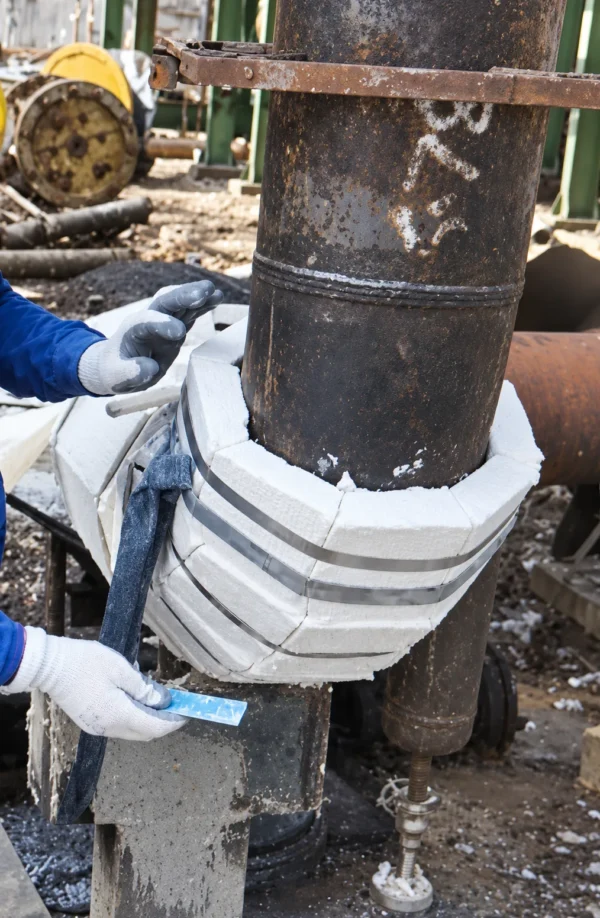Installer fixing segmental calcium silicate pipe insulation with stainless steel bands on a vertical process pipe