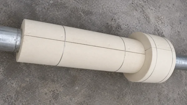 Pre-formed calcium silicate half-shell pipe sections wired onto a steel pipe with a stepped section at the reducer
