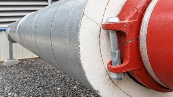 Calcium silicate pipe insulation finished with aluminium jacketing next to a pipe coupling