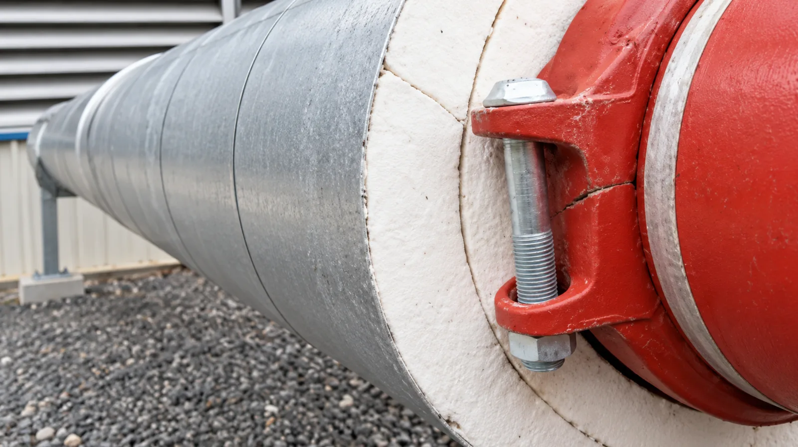 Calcium silicate pipe section insulation with aluminium jacketing at a grooved pipe coupling